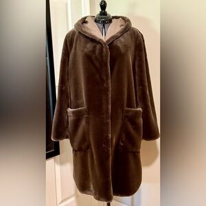 Gently Worn Luxurious Brown Faux Fur Coat/Rain Coat